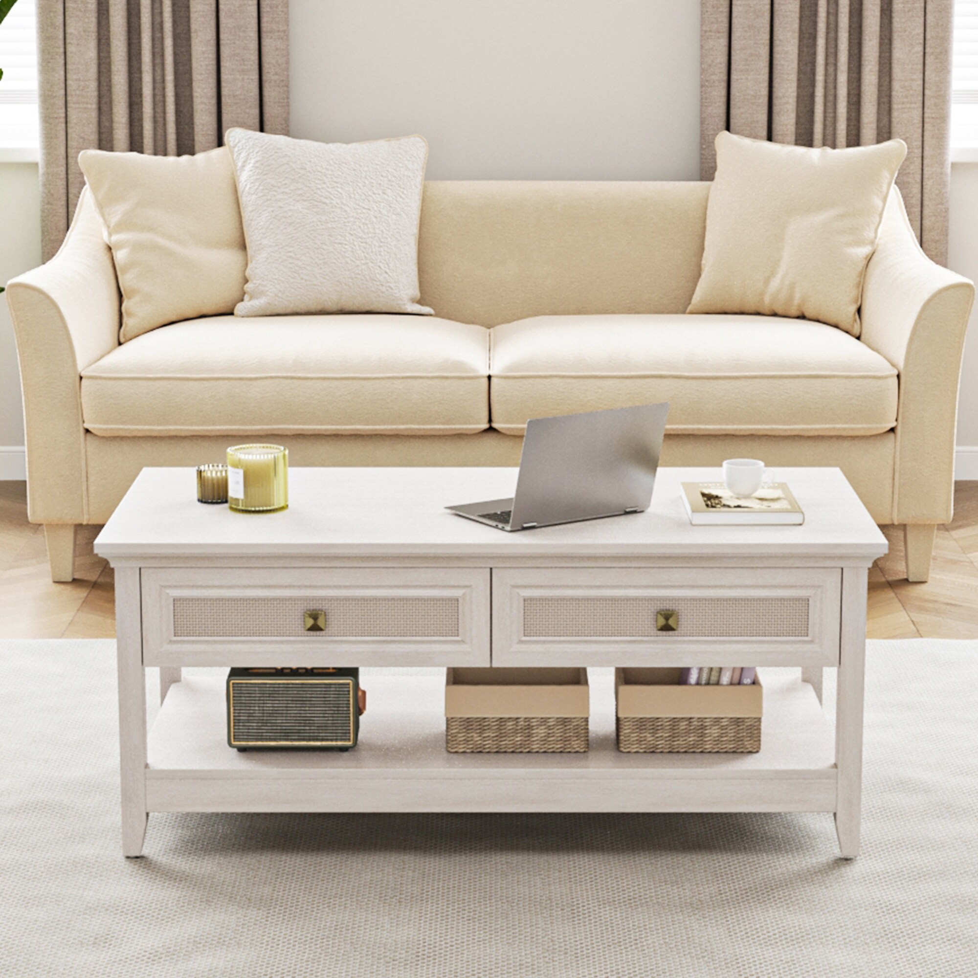 Farmhouse Coffee Table, Boho Tea Table With 2 Rattan Decor Drawers, Accent Center Sofa Table With Storage Shelf, 2 Tier Coffee Table For Bedroom, Living Room, Home Office, Grayish White_voghion.com